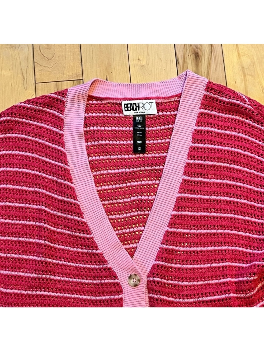 Beach Riot Gene Open Knit Cotton Cardigan Pink Striped size large - Picture 4 of 8